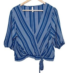 Xhilaration Blue Stripe V-neck Wrap Tie Balloon Sleeve Crop Top Blouse